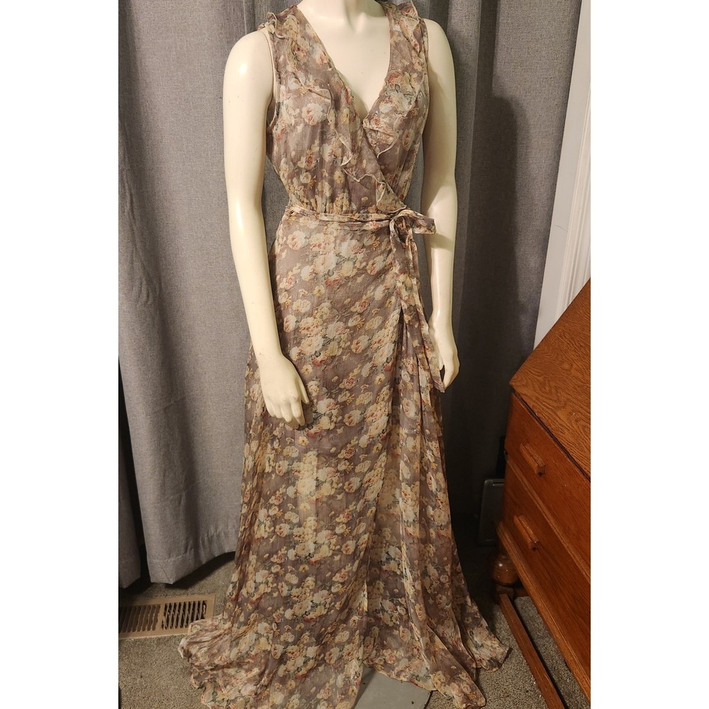 Aakaa Beige Floral Maxi True Wrap Dress Sleeveless Side Tie Flowy Whimsy Sz‎ S